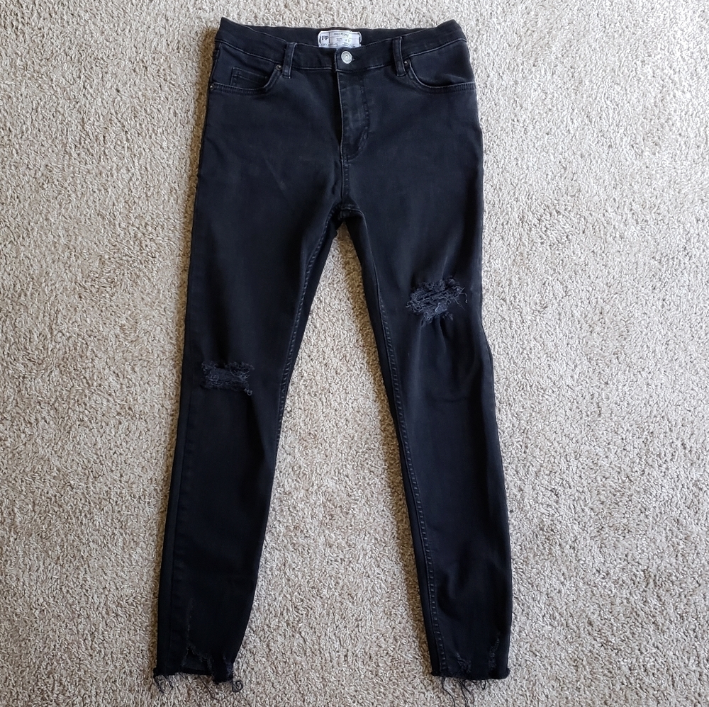 Free People Black Distressed Skinny Jeans Raw Hem